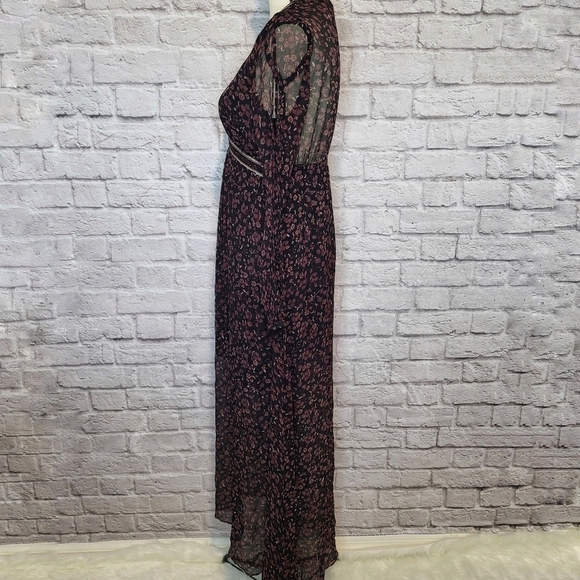 Ecote Dress Black Sheer Maroon Floral Print Split Long Sleeve V Neck Maxi Size S - Picture 6 of 12